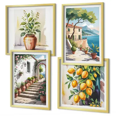 Set de cuadros modernos para salón diseño de flores de limón junto al mar