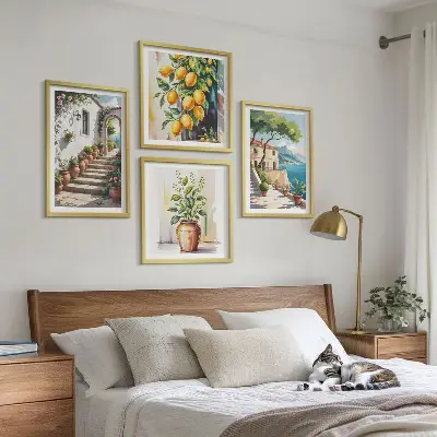 Set de cuadros modernos para salón diseño de flores de limón junto al mar
