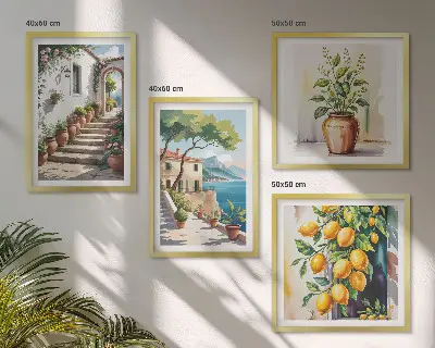 Set de cuadros modernos para salón diseño de flores de limón junto al mar