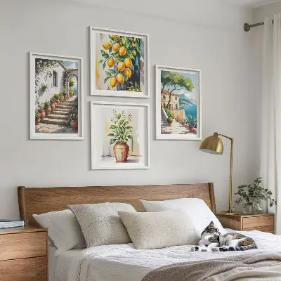 Set de cuadros modernos para salón diseño de flores de limón junto al mar