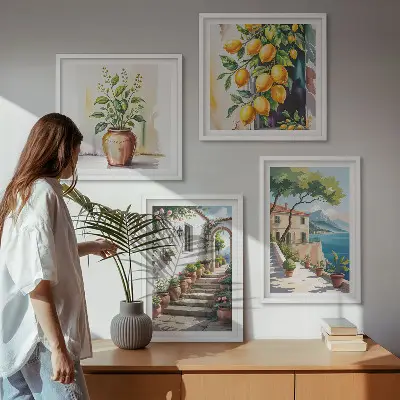 Set de cuadros modernos para salón diseño de flores de limón junto al mar