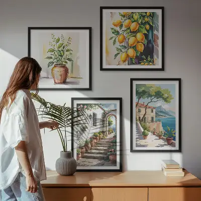 Set de cuadros modernos para salón diseño de flores de limón junto al mar