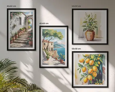 Set de cuadros modernos para salón diseño de flores de limón junto al mar