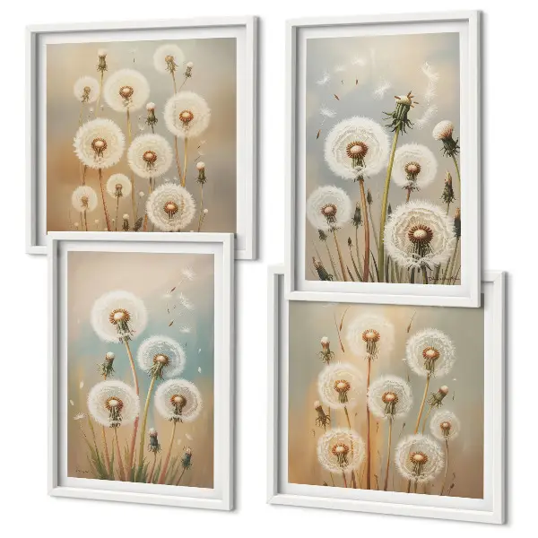 Galería de pared con flores de diente de león en tonos pastel