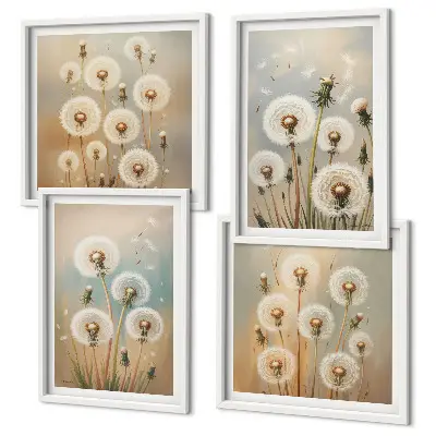 Galería de pared con flores de diente de león en tonos pastel