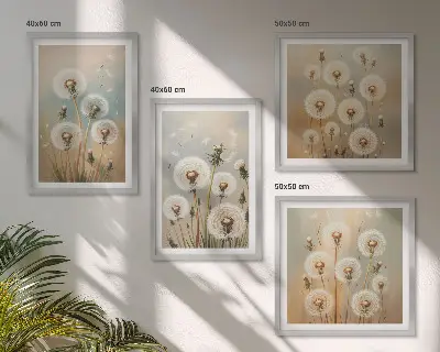 Galería de pared con flores de diente de león en tonos pastel