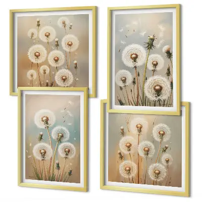Galería de pared con flores de diente de león en tonos pastel