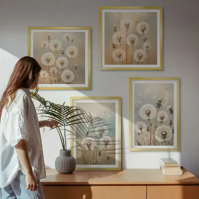 Galería de pared con flores de diente de león en tonos pastel