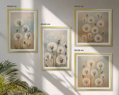 Galería de pared con flores de diente de león en tonos pastel