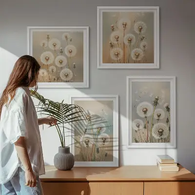 Galería de pared con flores de diente de león en tonos pastel