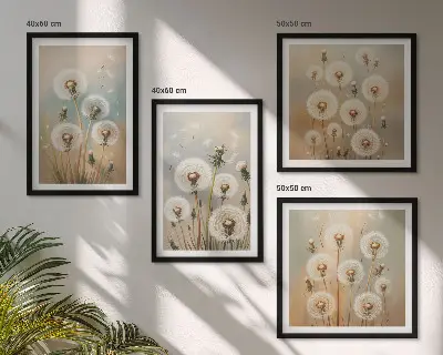 Galería de pared con flores de diente de león en tonos pastel