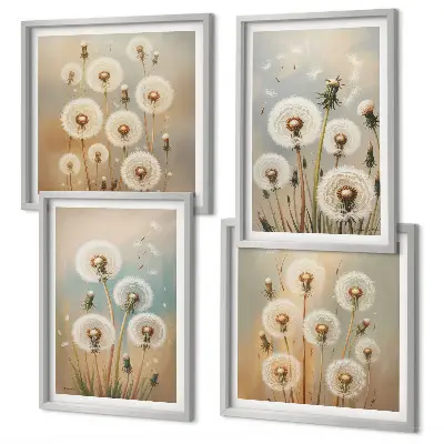 Galería de pared con flores de diente de león en tonos pastel