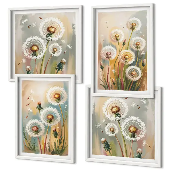 Set de cuadros modernos para salón diseño de flores de diente de león en tonos pastel