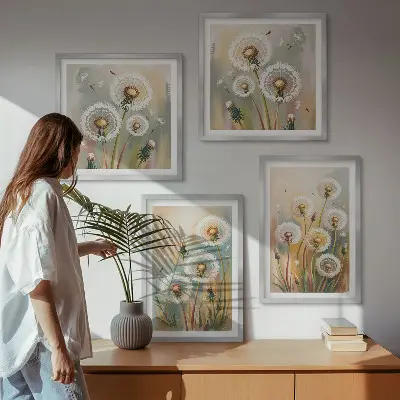 Set de cuadros modernos para salón diseño de flores de diente de león en tonos pastel