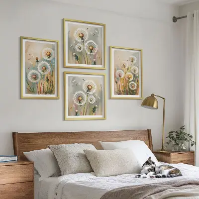 Set de cuadros modernos para salón diseño de flores de diente de león en tonos pastel