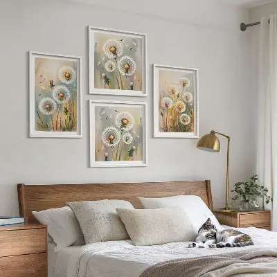 Set de cuadros modernos para salón diseño de flores de diente de león en tonos pastel