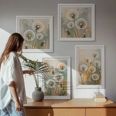 Set de cuadros modernos para salón diseño de flores de diente de león en tonos pastel