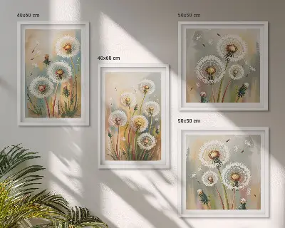 Set de cuadros modernos para salón diseño de flores de diente de león en tonos pastel
