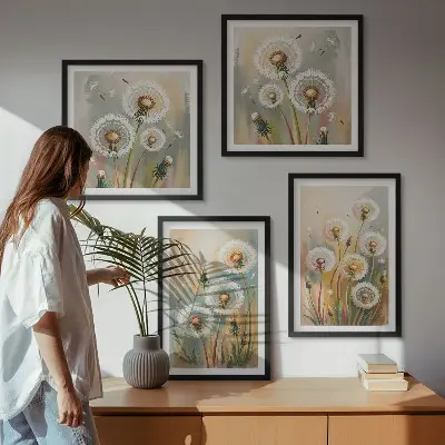 Set de cuadros modernos para salón diseño de flores de diente de león en tonos pastel