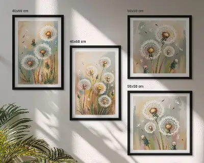Set de cuadros modernos para salón diseño de flores de diente de león en tonos pastel