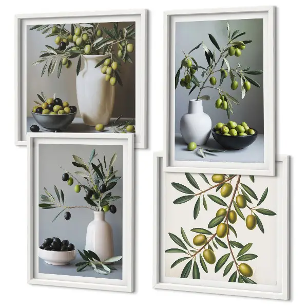 Set de 4 cuadros para salón con diseño de aceitunas en jarrones de colores suaves
