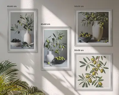 Set de 4 cuadros para salón con diseño de aceitunas en jarrones de colores suaves
