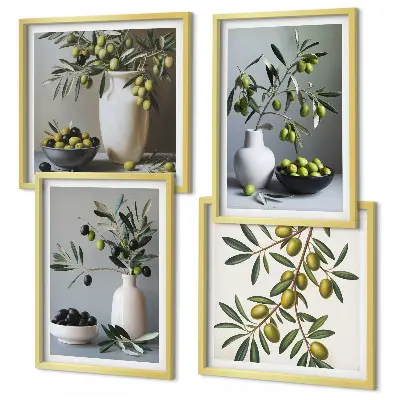 Set de 4 cuadros para salón con diseño de aceitunas en jarrones de colores suaves