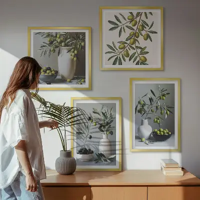 Set de 4 cuadros para salón con diseño de aceitunas en jarrones de colores suaves