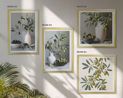 Set de 4 cuadros para salón con diseño de aceitunas en jarrones de colores suaves