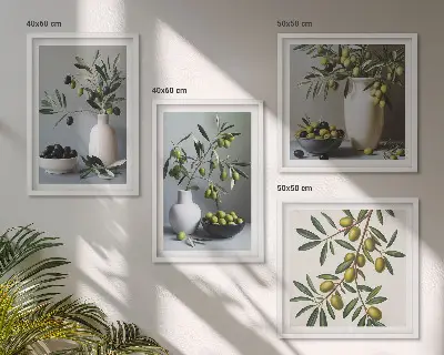 Set de 4 cuadros para salón con diseño de aceitunas en jarrones de colores suaves