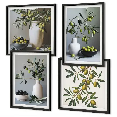 Set de 4 cuadros para salón con diseño de aceitunas en jarrones de colores suaves