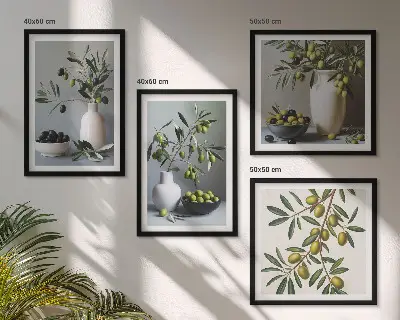 Set de 4 cuadros para salón con diseño de aceitunas en jarrones de colores suaves
