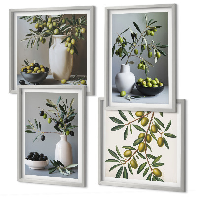 Set de 4 cuadros para salón Aceitunas en jarrones de colores suaves.