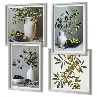 Set de 4 cuadros para salón con diseño de aceitunas en jarrones de colores suaves