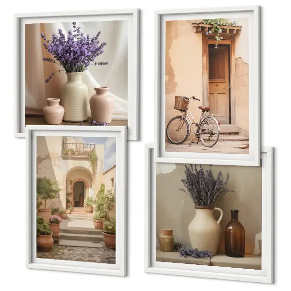 Set de cuadros modernos para salón con diseño de flores de lavanda y arquitectura