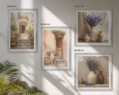 Set de cuadros modernos para salón con diseño de flores de lavanda y arquitectura
