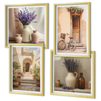Set de cuadros modernos para salón con diseño de flores de lavanda y arquitectura