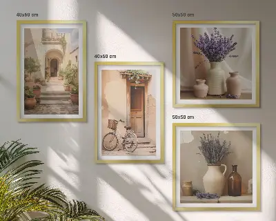 Set de cuadros modernos para salón con diseño de flores de lavanda y arquitectura