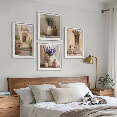 Set de cuadros modernos para salón Flores de lavanda y arquitectura
