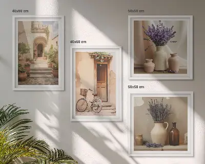 Set de cuadros modernos para salón con diseño de flores de lavanda y arquitectura