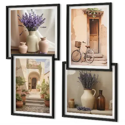 Set de cuadros modernos para salón con diseño de flores de lavanda y arquitectura