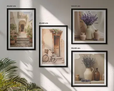 Set de cuadros modernos para salón con diseño de flores de lavanda y arquitectura