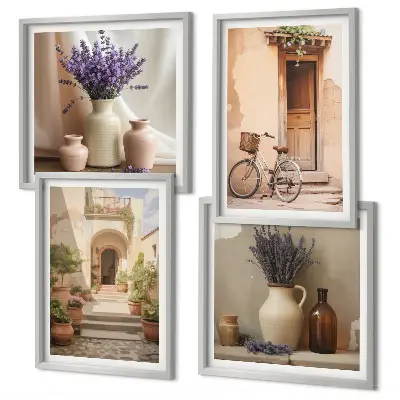 Set de cuadros modernos para salón con diseño de flores de lavanda y arquitectura