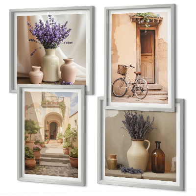Set de cuadros modernos para salón Flores de lavanda y arquitectura