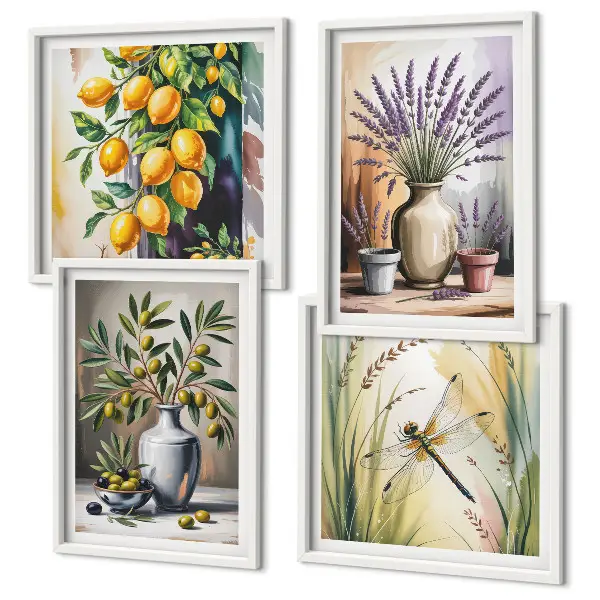 Set de 4 cuadros para salón con diseño de flores de olivo en jarrones estilo naturaleza