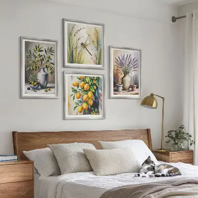 Set de 4 cuadros para salón con diseño de flores de olivo en jarrones estilo naturaleza