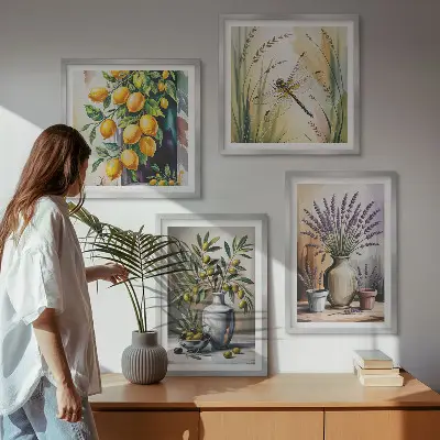 Set de 4 cuadros para salón con diseño de flores de olivo en jarrones estilo naturaleza
