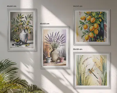 Set de 4 cuadros para salón con diseño de flores de olivo en jarrones estilo naturaleza