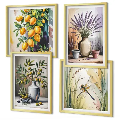Set de 4 cuadros para salón con diseño de flores de olivo en jarrones estilo naturaleza