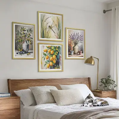 Set de 4 cuadros para salón con diseño de flores de olivo en jarrones estilo naturaleza